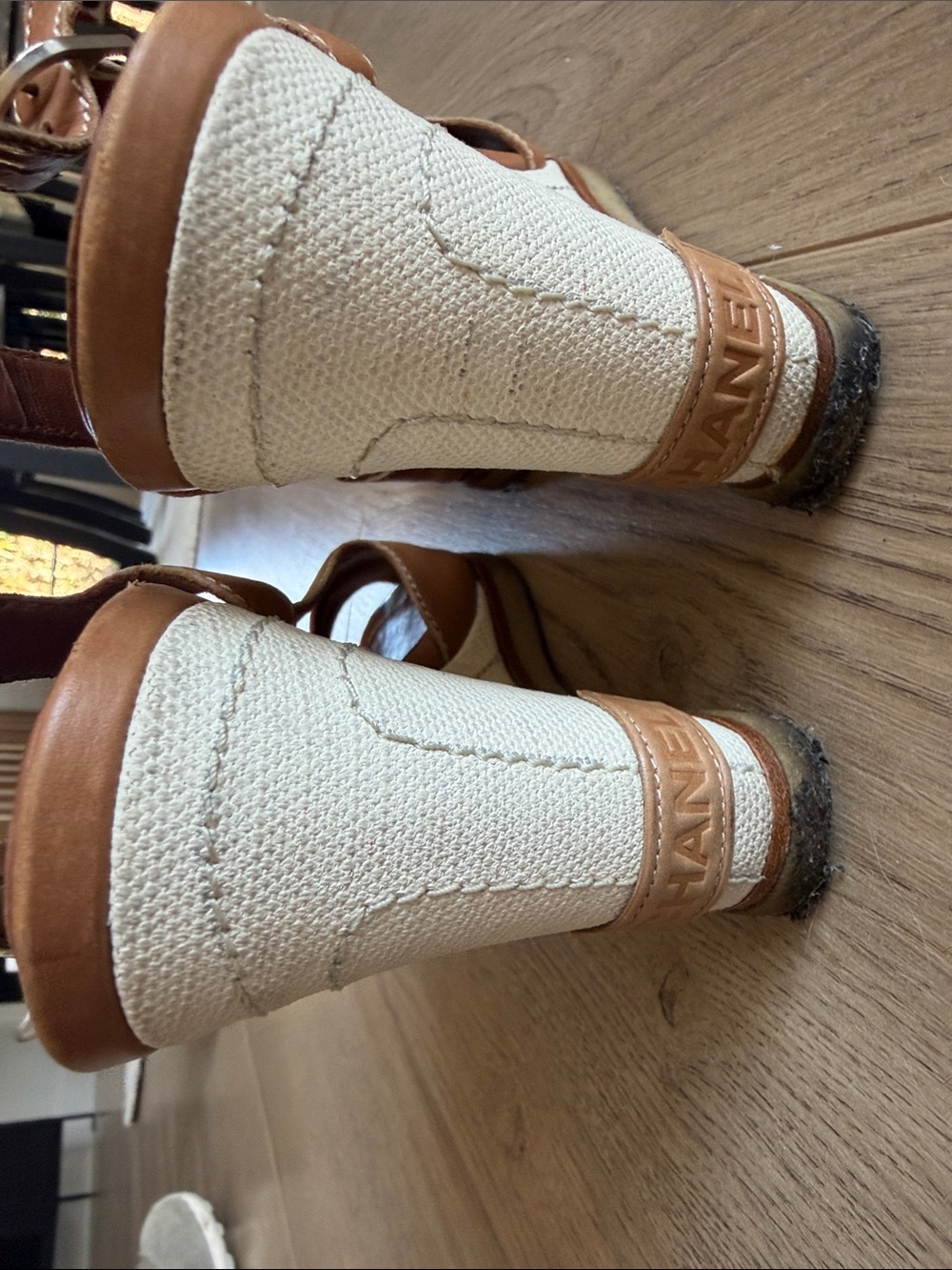 Authentic Chanel Tan Leather Slingback Wedge Sandals - Picture 5 of 7